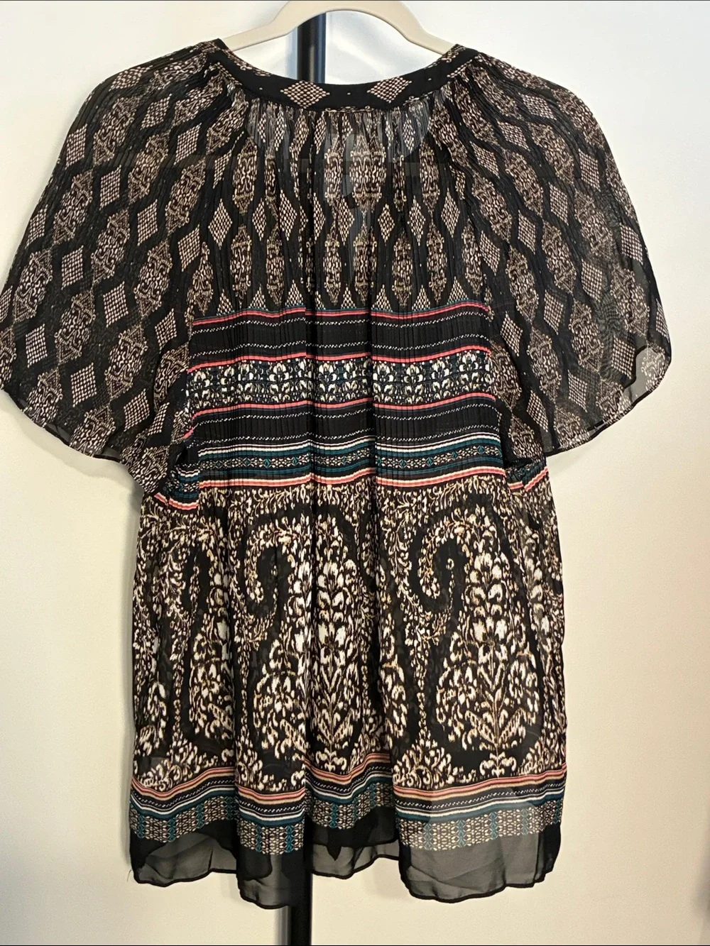 Cato Black Sheer Button-Front Boho Mixed Print Striped Paisley Blouse Tie Large